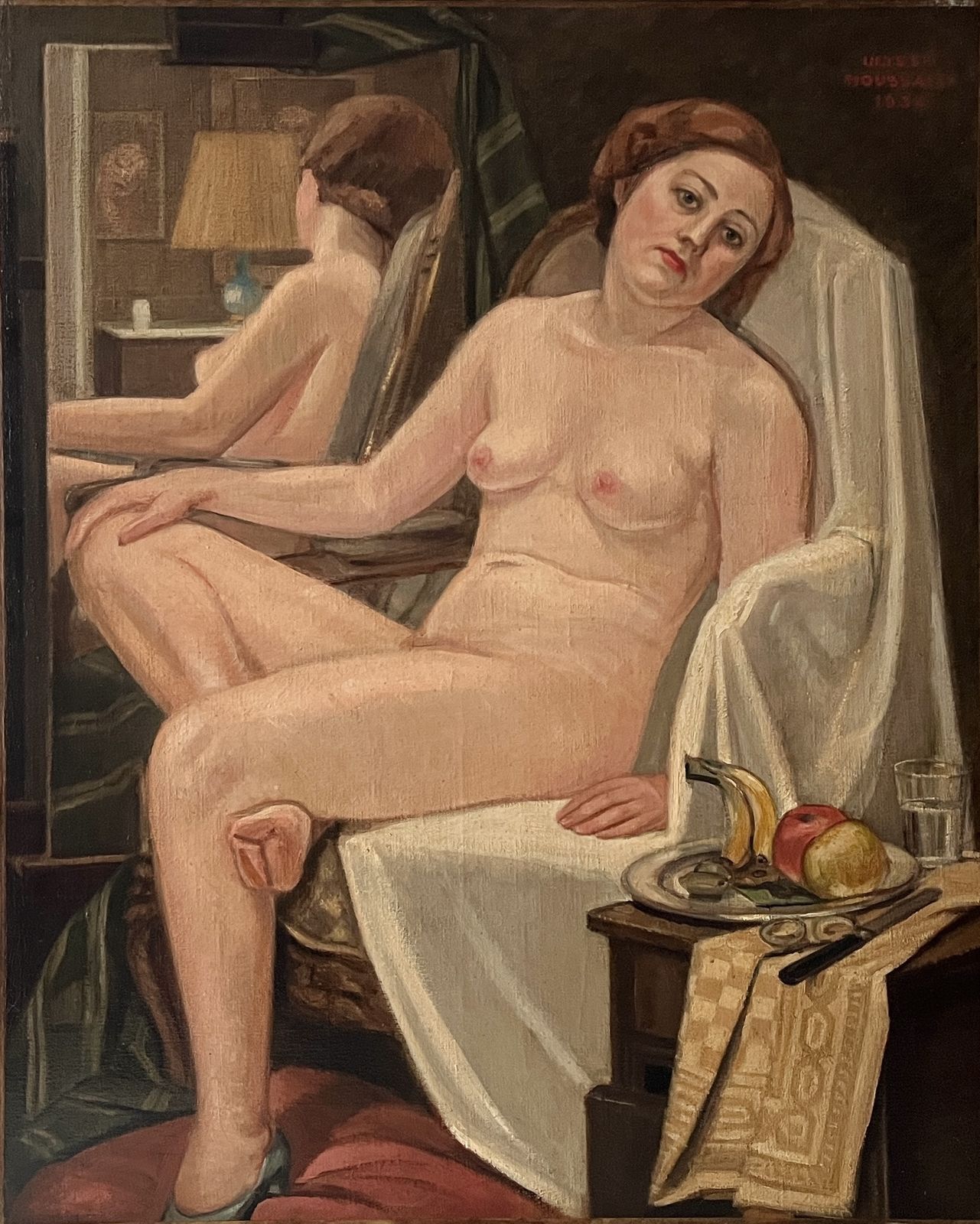 French Antique Woman Portrait Oil On Canvas, Art Deco Large Nude Painting, Interior Scene By Ulysse Moussalli.