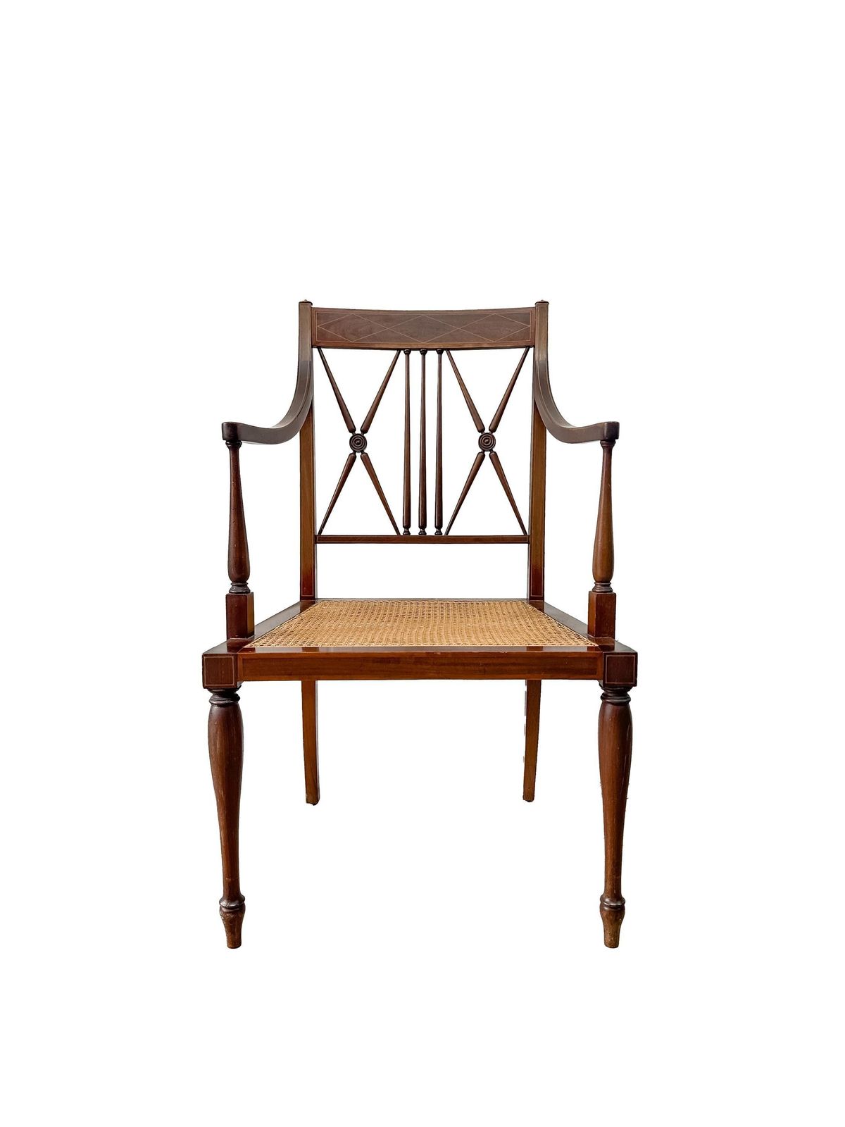 Antique Sheraton Revival Chair Cane Seat Mahogany Inlaid With X Frame Back. photo for sale