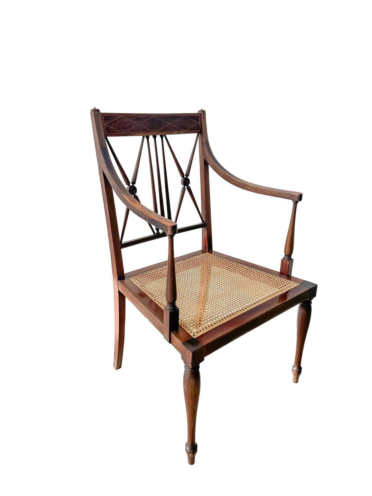 Antique Sheraton Revival Chair Cane Seat Mahogany Inlaid With X Frame Back. photo 125.0