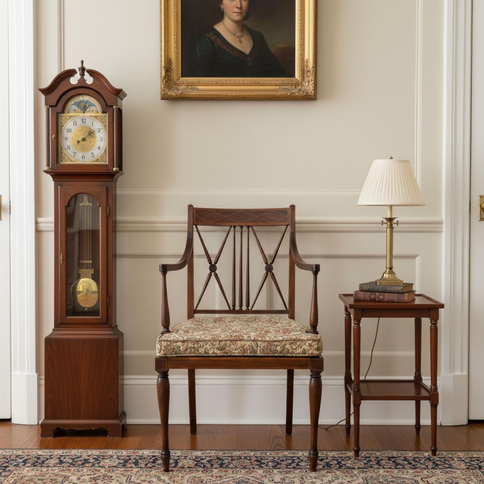 125.0 Antique Sheraton Revival Chair Cane Seat Mahogany Inlaid With X Frame Back. photo