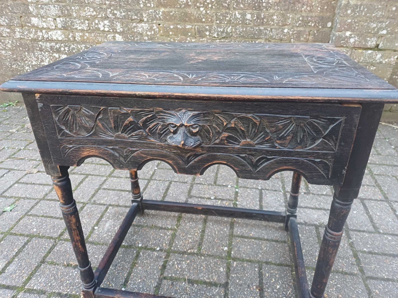 photo for sale Antique C1910–1920 Solid Oak Pussyfoot Side Table – Carved Top, Gothic Detail, Turned Legs, Distressed Original Finish