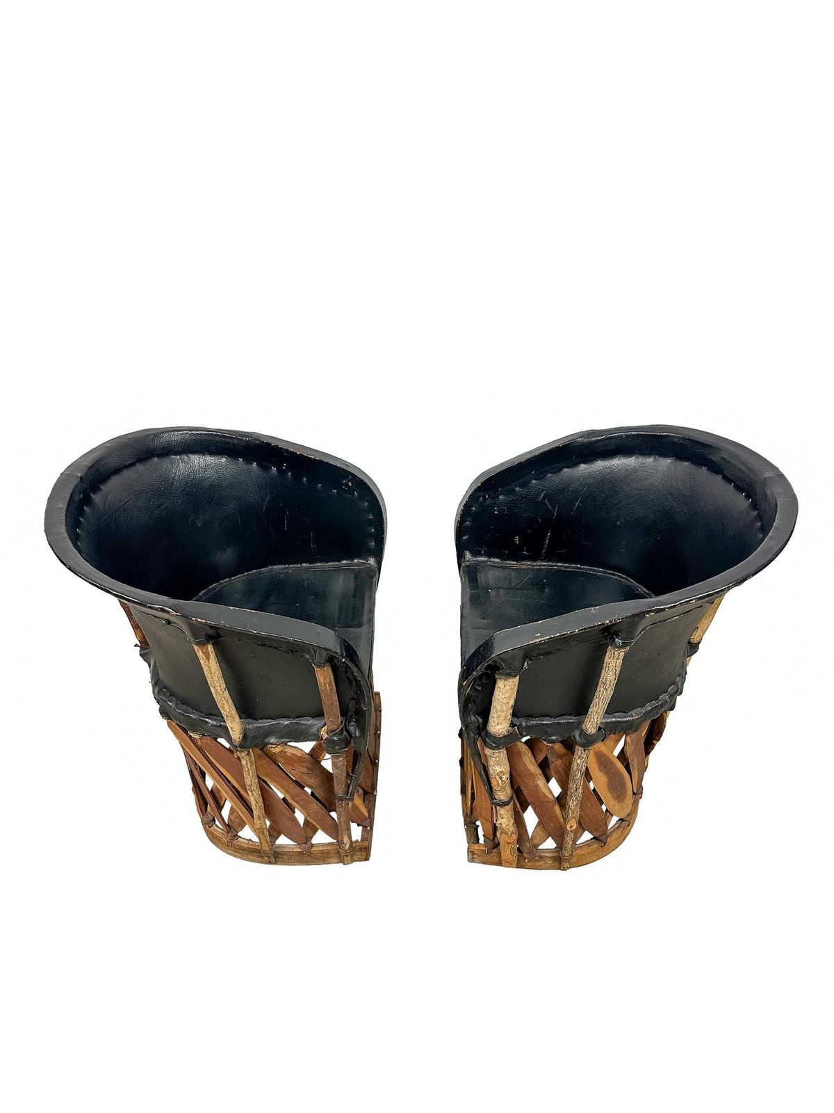 Pair Vintage Equipale Barrel Tub Chairs Black Tan Leather   Mexican Rustic Folkart Style. photo Furniture