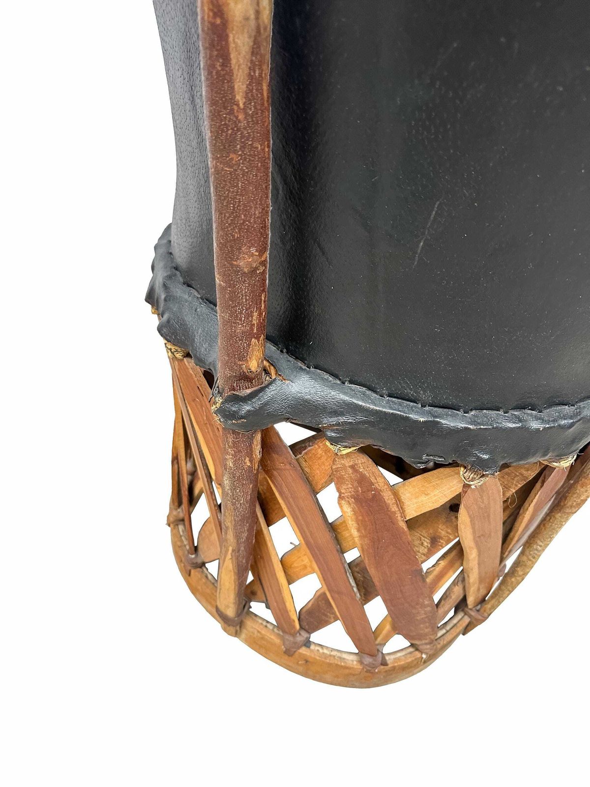 photo furniture Pair Vintage Equipale Barrel Tub Chairs Black Tan Leather   Mexican Rustic Folkart Style.