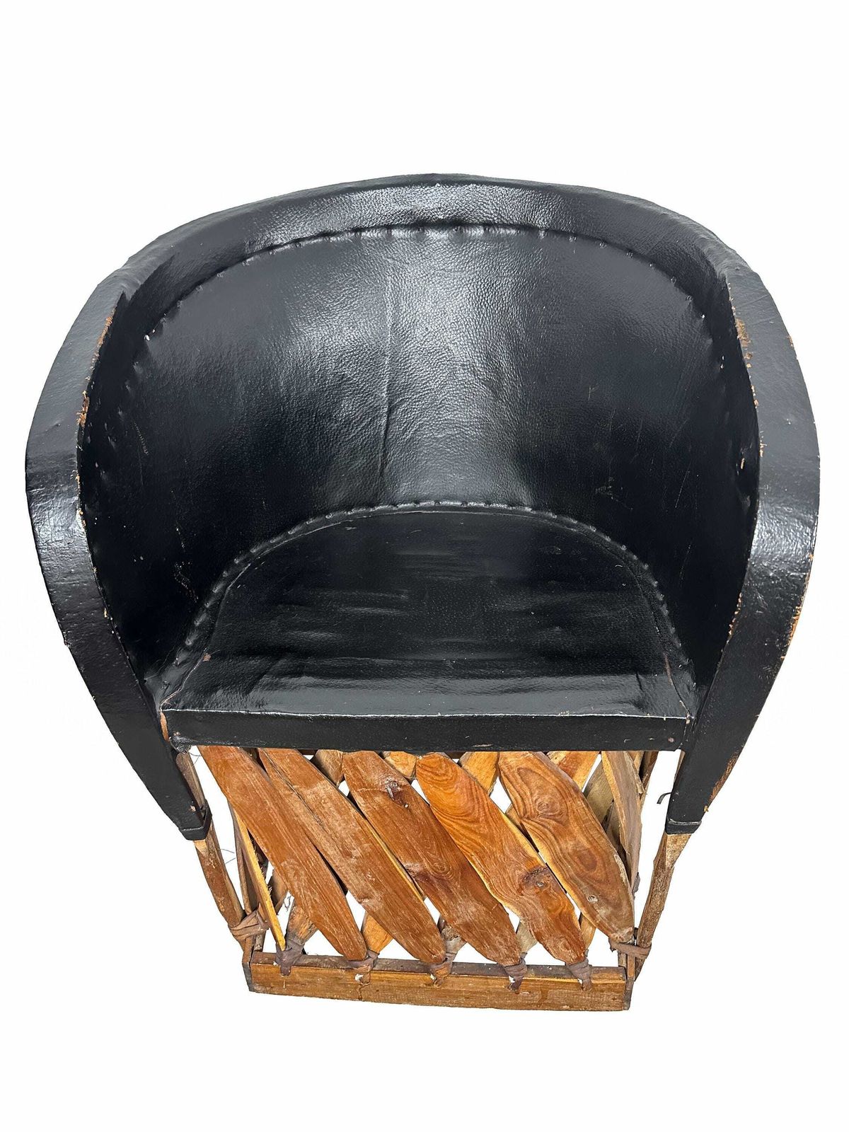 photo for sale Pair Vintage Equipale Barrel Tub Chairs Black Tan Leather   Mexican Rustic Folkart Style.