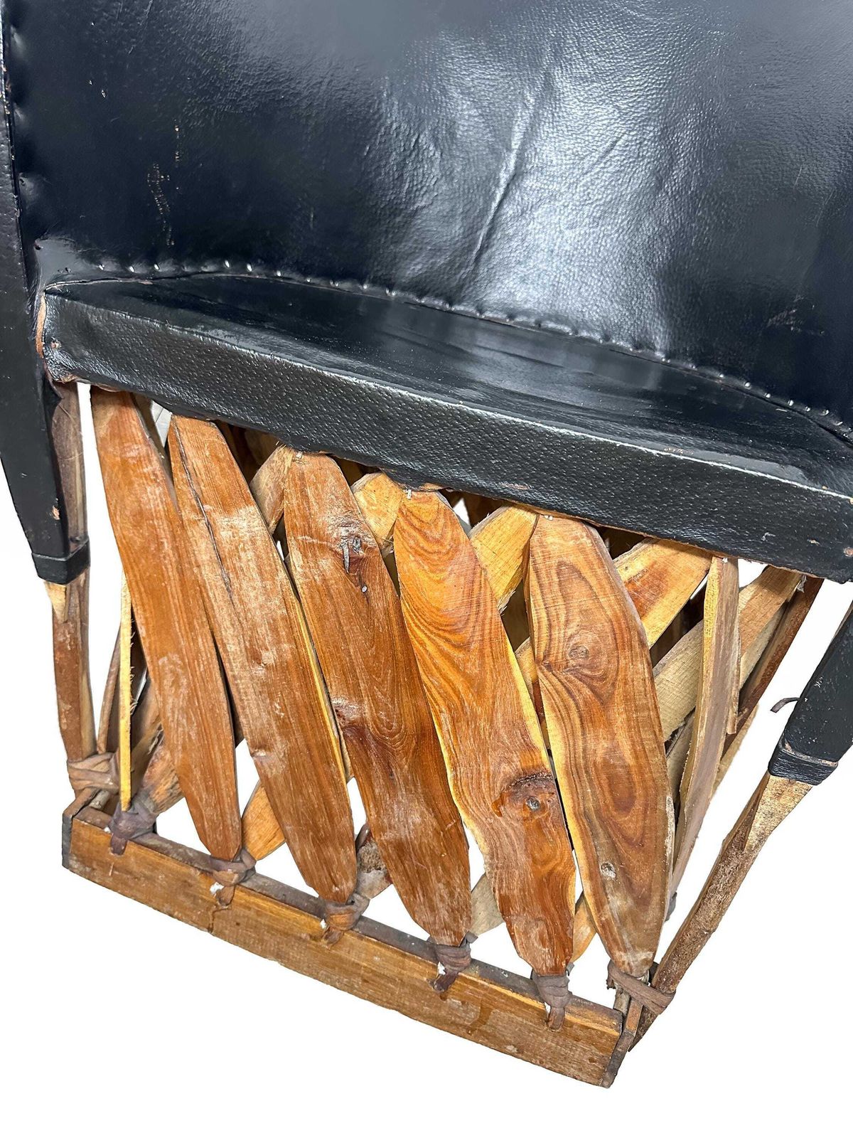 320.0 Pair Vintage Equipale Barrel Tub Chairs Black Tan Leather   Mexican Rustic Folkart Style. photo