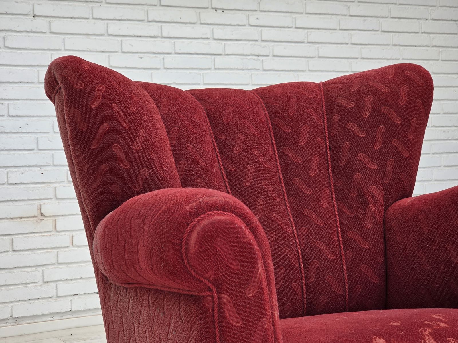 1950s, Danish Relax Armchair, Red Furniture Wool, Oak Wood. photo furniture