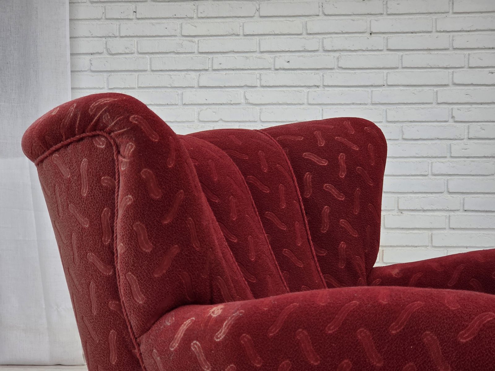 1950s, Danish Relax Armchair, Red Furniture Wool, Oak Wood. photo vinterior