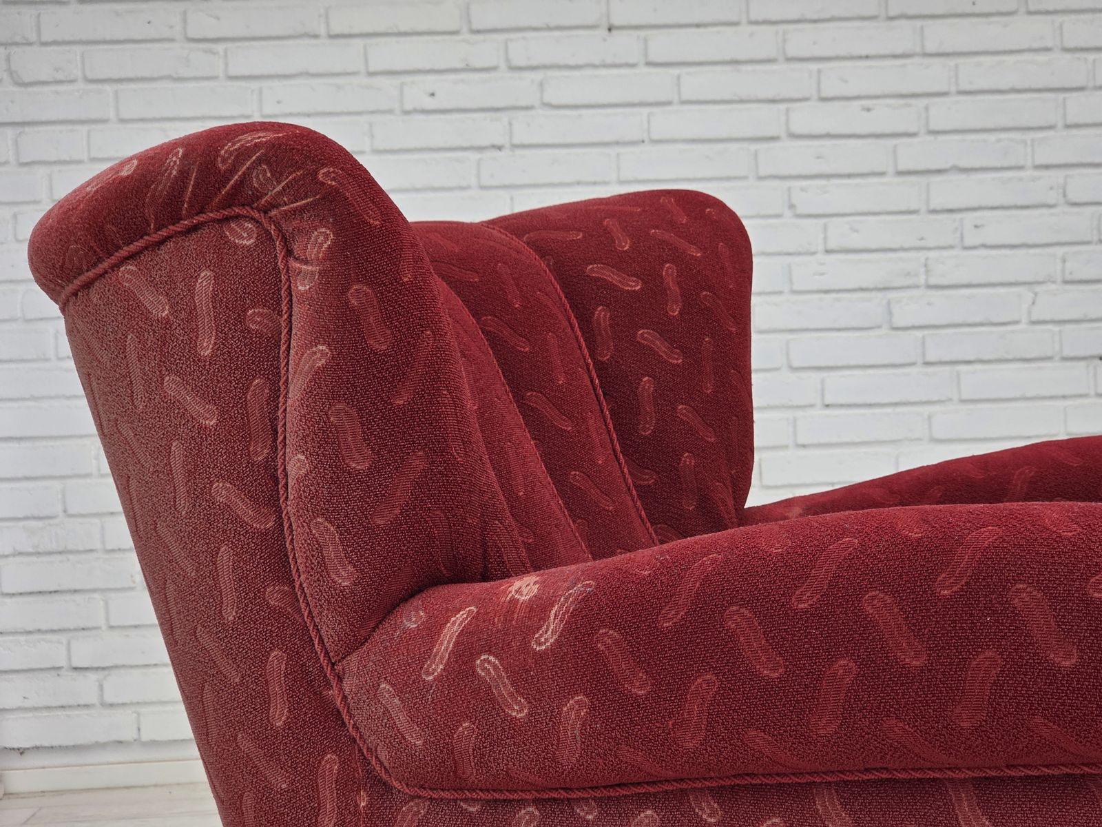 1950s, Danish Relax Armchair, Red Furniture Wool, Oak Wood. photo vintage