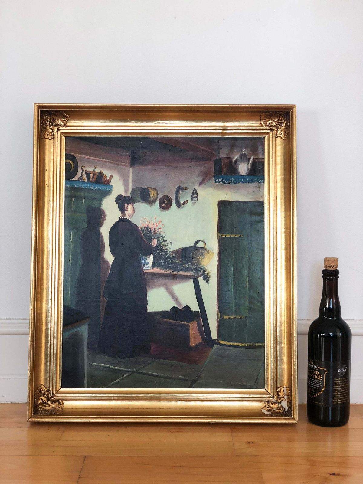 photo vinterior Vintage Original Oil Painting Of A Cottage Interior, C. 1940