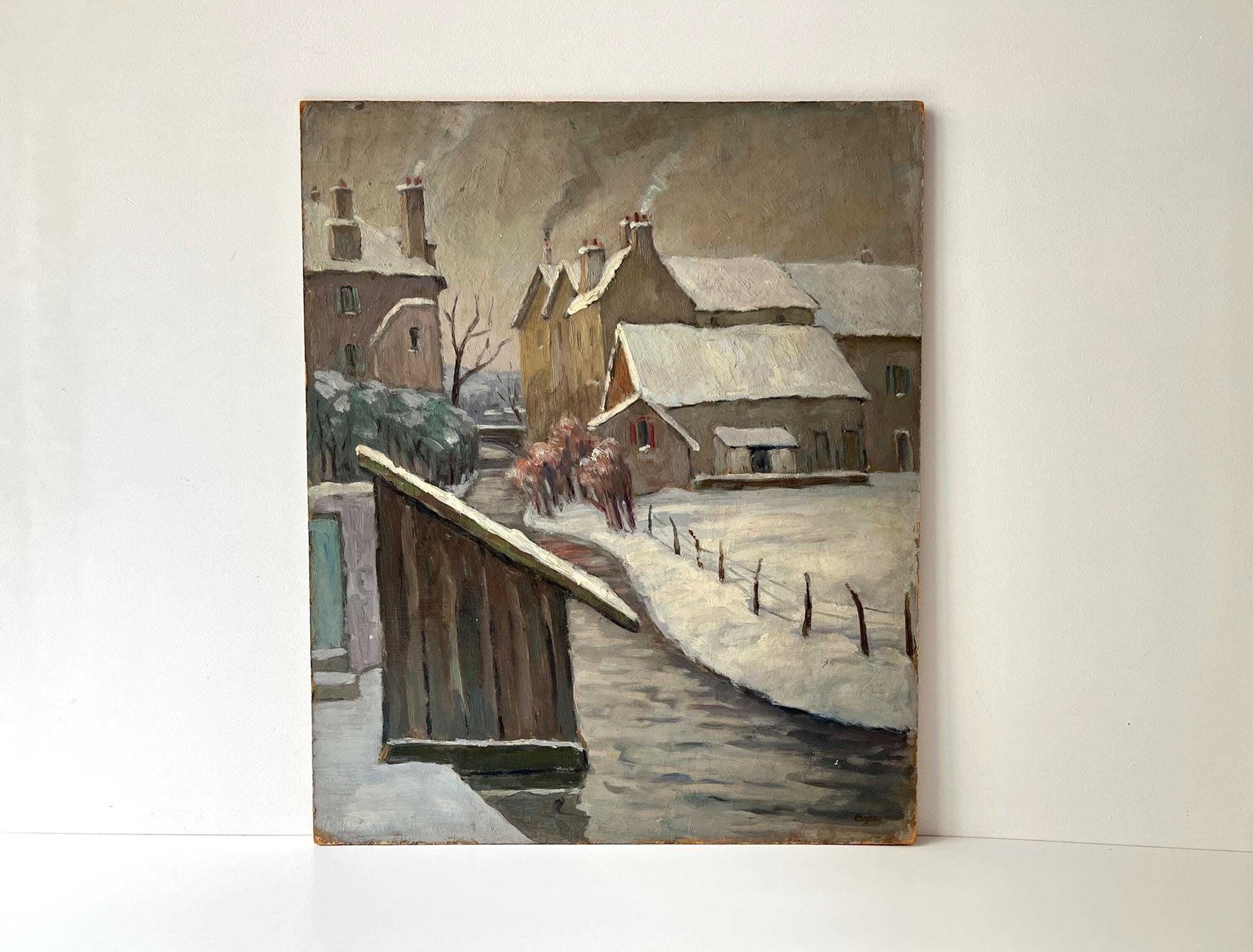 Original Antique Snowy Rural Landscape "Near The Laundry", Antique French River Oil, Winter Painting