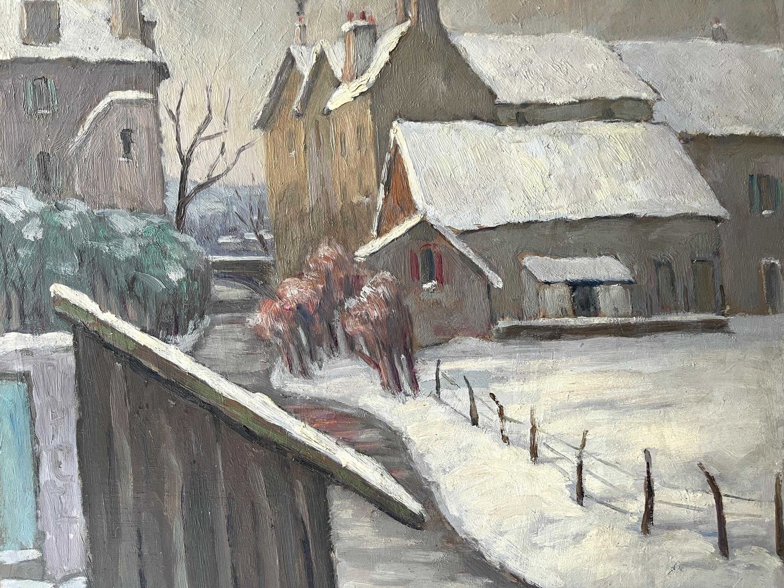 Original Antique Snowy Rural Landscape "Near The Laundry", Antique French River Oil, Winter Painting photo 280.0