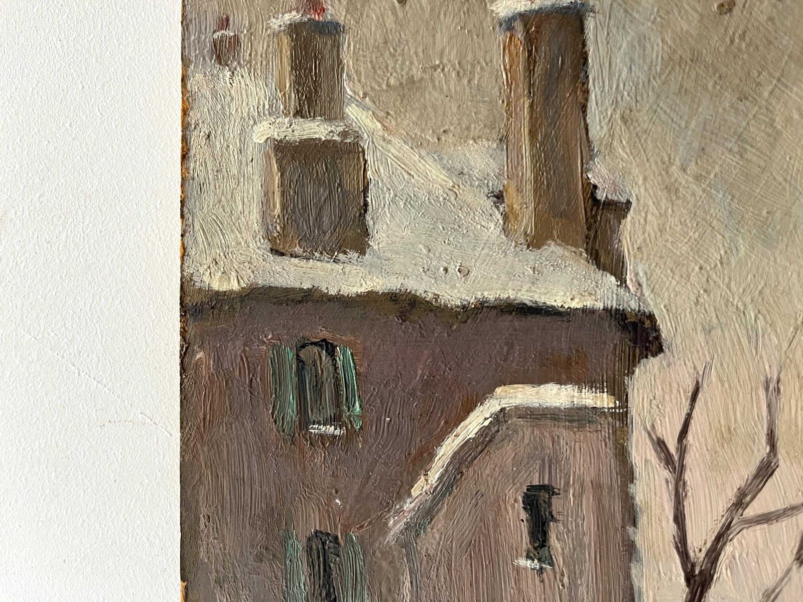 photo for sale Antiek Schilderij Van Een Besneeuwd Landelijk Winterlandschap "Near The Laundry" – Frans Riviertafereel In Olieverf