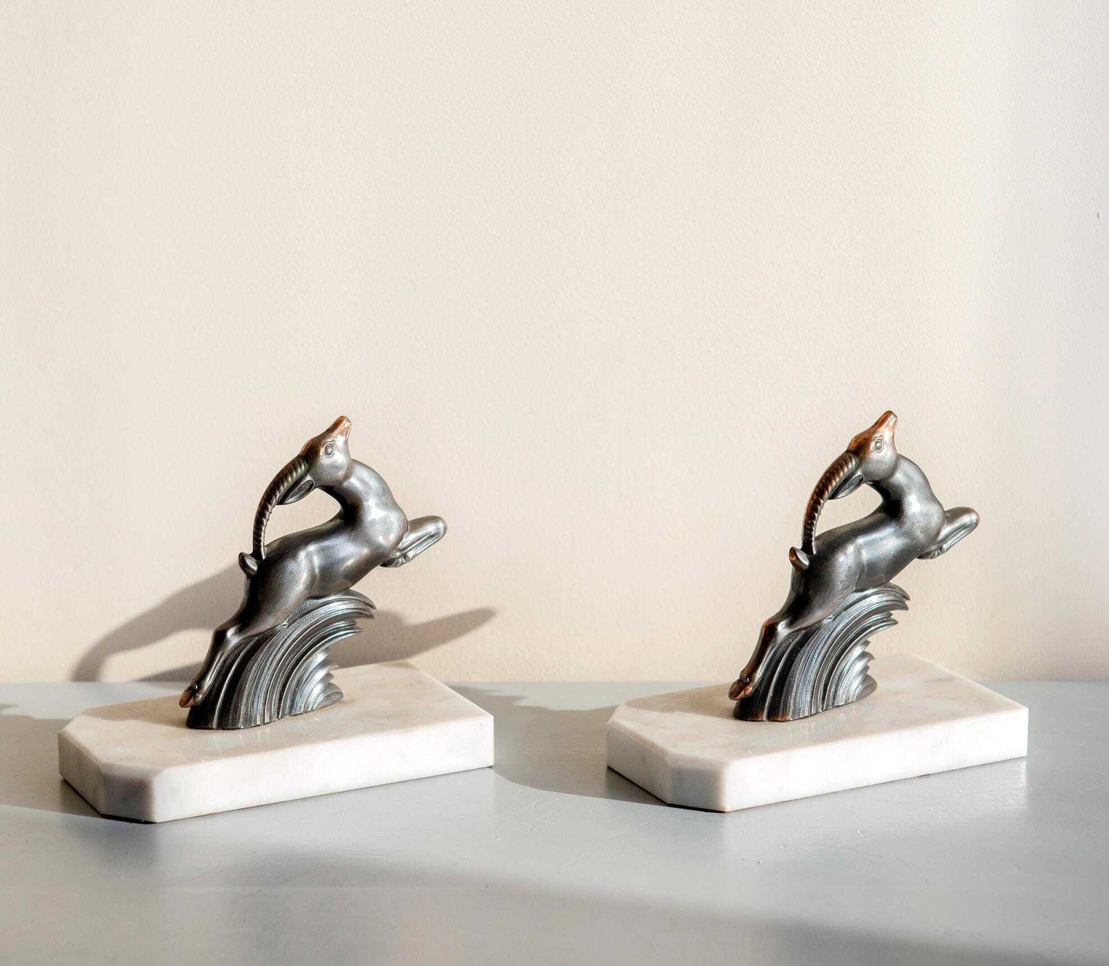 French Art Deco Gazelle Bookends On Marble Bases – Antique Antelope Bookend Pair