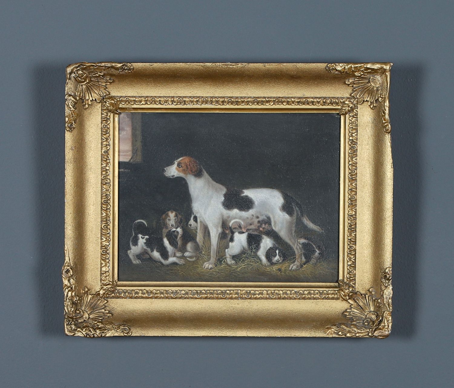 Small English Georgian Oil Painting Picture Of A Hound Dog “Lady” & Her Litter Attributed To Samuel Raven (Circa 1800)