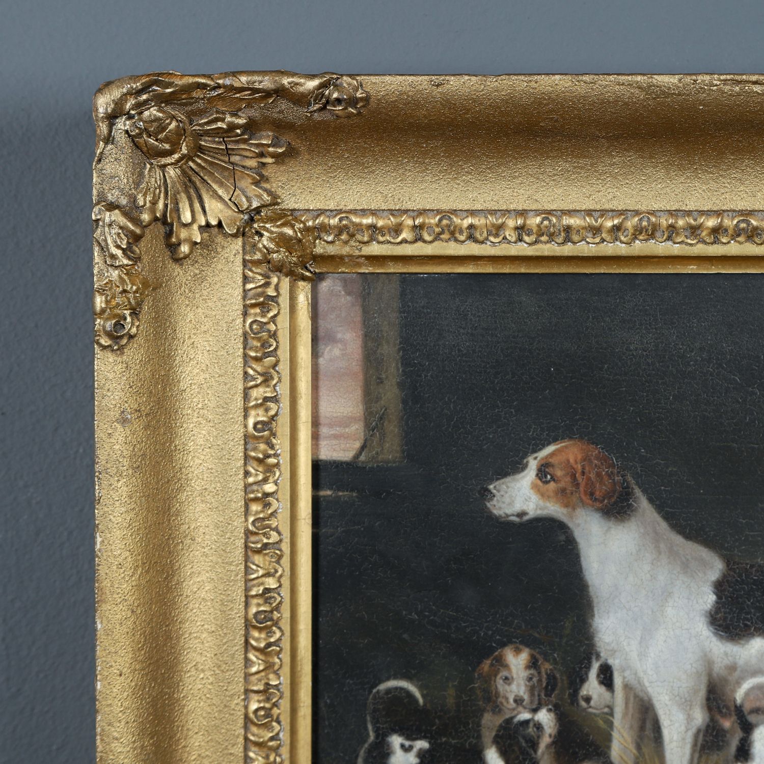 Small English Georgian Oil Painting Picture Of A Hound Dog “Lady” & Her Litter Attributed To Samuel Raven (Circa 1800) photo for sale