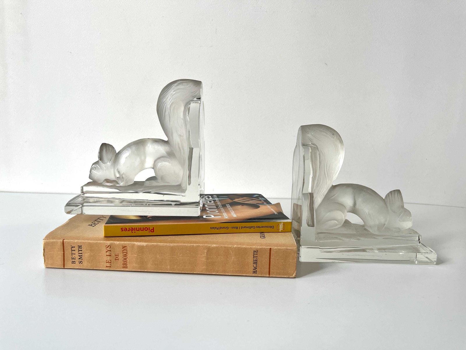 Antique Pair Of 1930s Squirrel Bookends Signed H.Hoffmann, Czech Frosted And Clear Glass Paperweights photo for sale