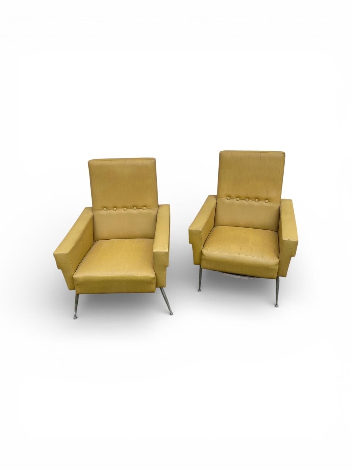 Pair Of Italian Mid Century Modern Ochre Upholstered Lounge Chairs, C.1960