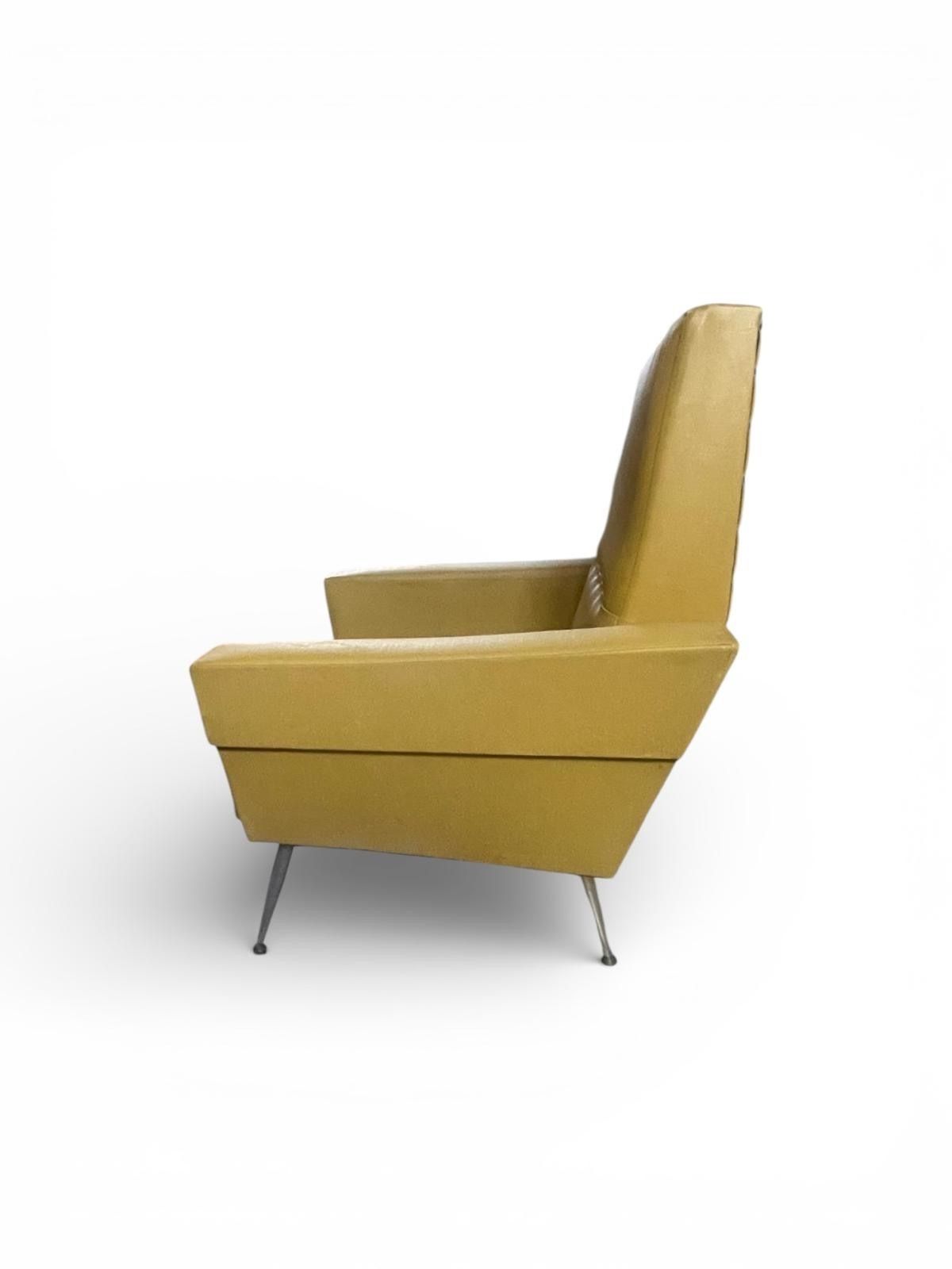 Pair Of Italian Mid Century Modern Ochre Upholstered Lounge Chairs, C.1960 photo vinterior