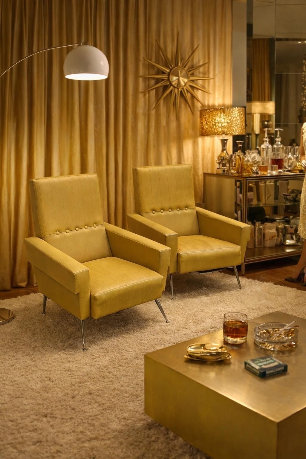 Pair Of Italian Mid Century Modern Ochre Upholstered Lounge Chairs, C.1960 photo vintage