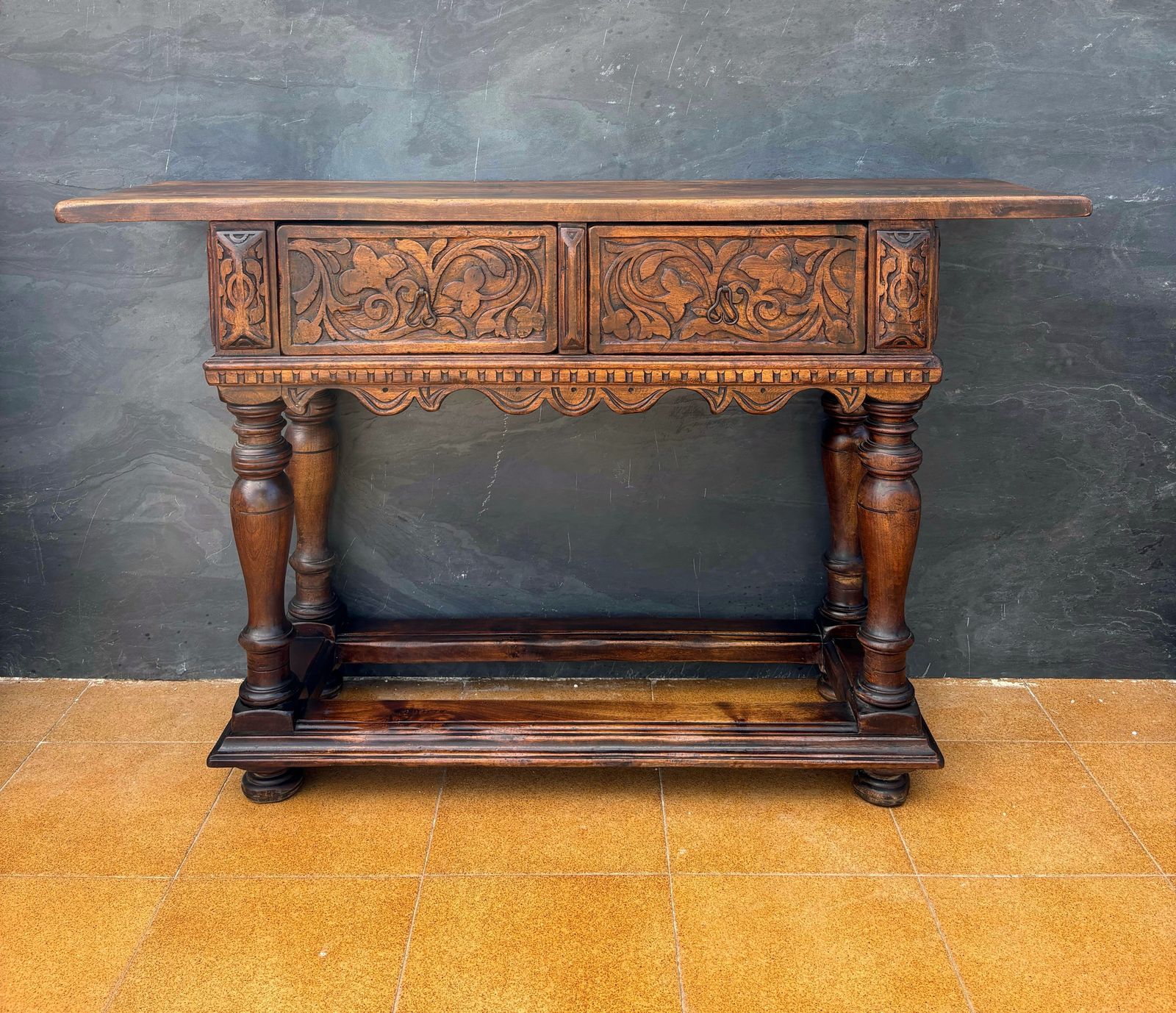 Spanish Renaissance Oak Console With Two Carved Drawers, 1890s photo furniture