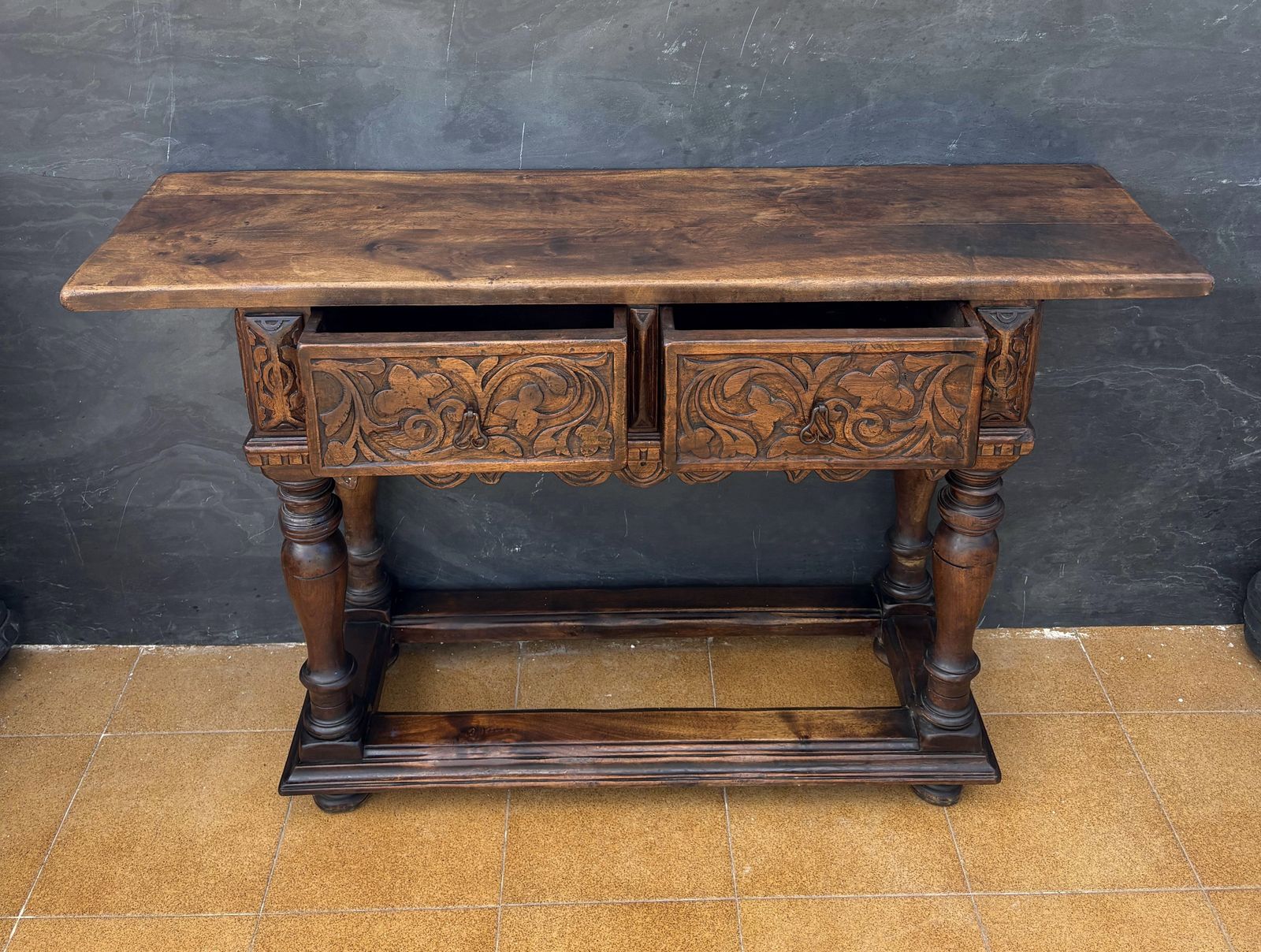 Spanish Renaissance Oak Console With Two Carved Drawers, 1890s photo 4200.0