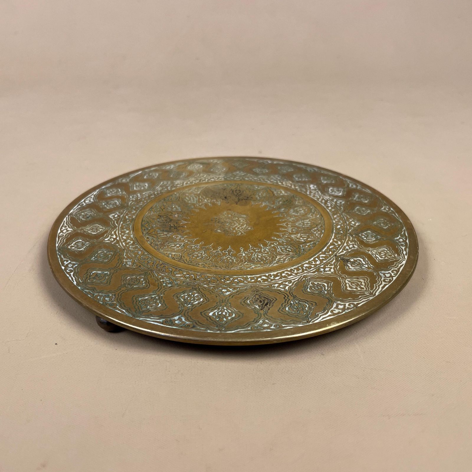 Antique Metal Gold Indian Patterned Brass Tray 16.5cm Plate Asian Handmade Etched Intricate Decorative Patterned Round Vintage Plant Stand photo for sale