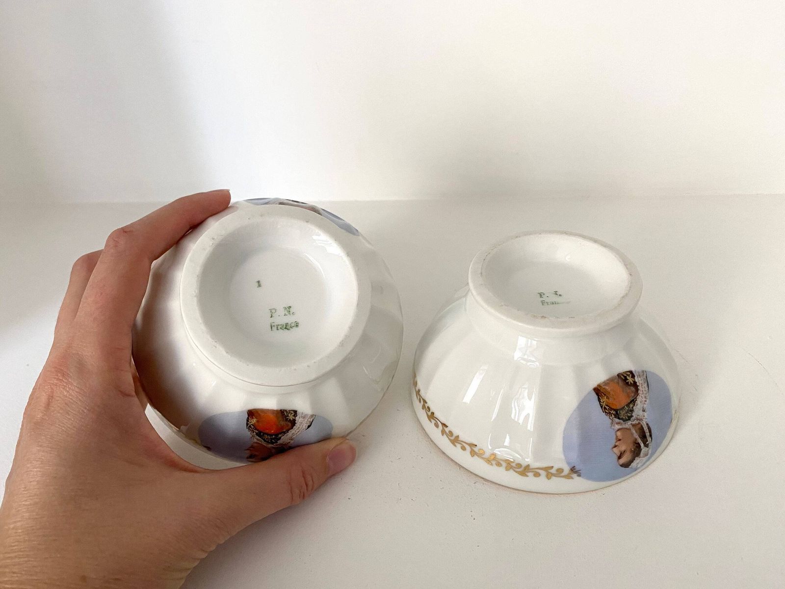 Set Of Two 60s French Porcelain Bowls, Woman In Brittany Suit photo vintage