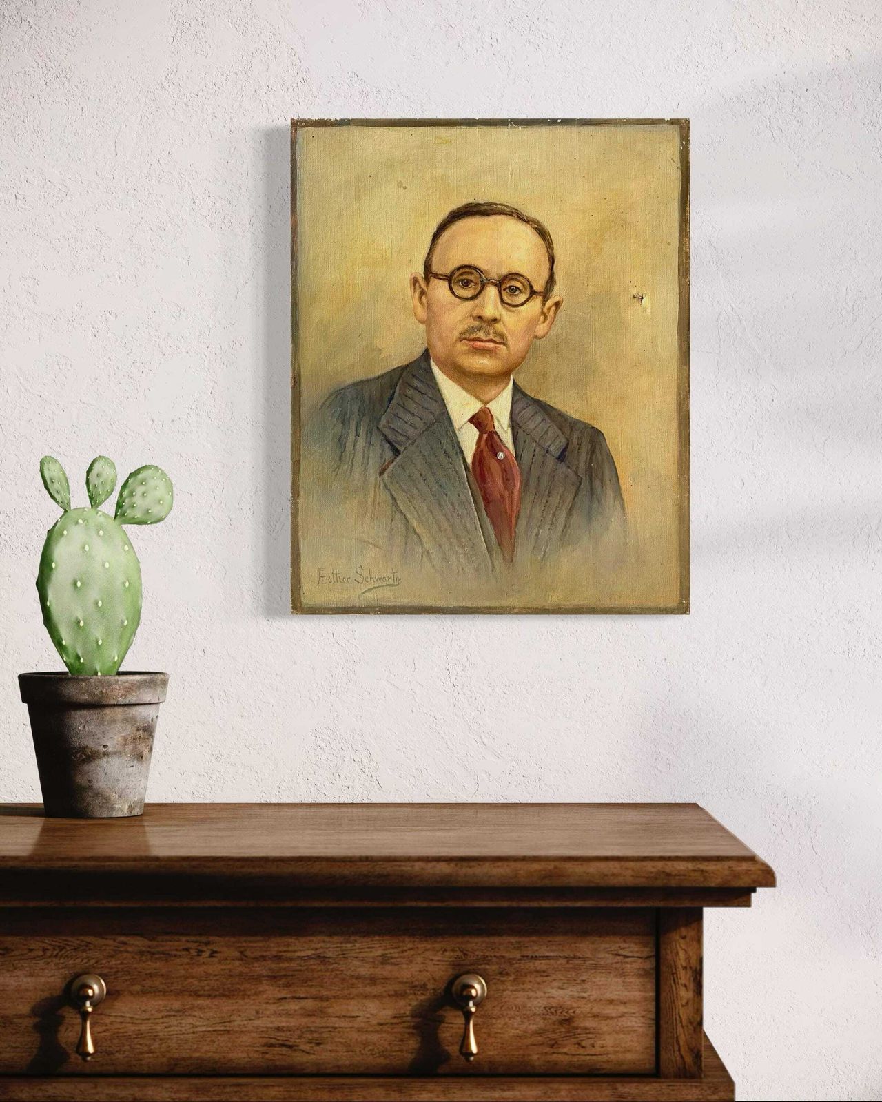 Original Antique Oil Portrait On Canvas, Painting Of A Man, Vintage Portrait Signed Esther Schwartz photo furniture