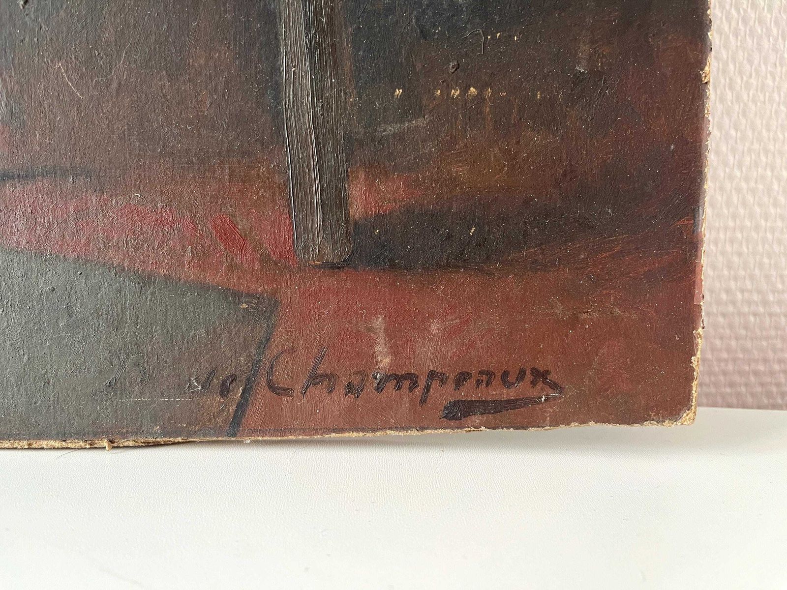 photo furniture Olieverf Op Paneel Uit De Jaren 1940 "Homework During The War" – Antiek Schilderij Van Een Interieurscène, Vintage Kinderportret In Een Franse Keuken
