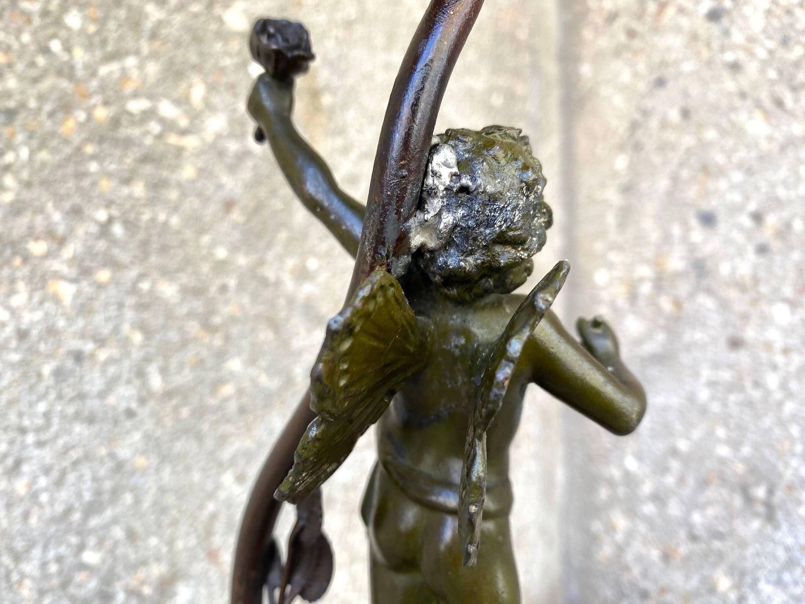 Antique Cherub Lamp In Spelter And Marble From 30s, French Putti Lighting Named "Winning Butterfly" photo vinterior