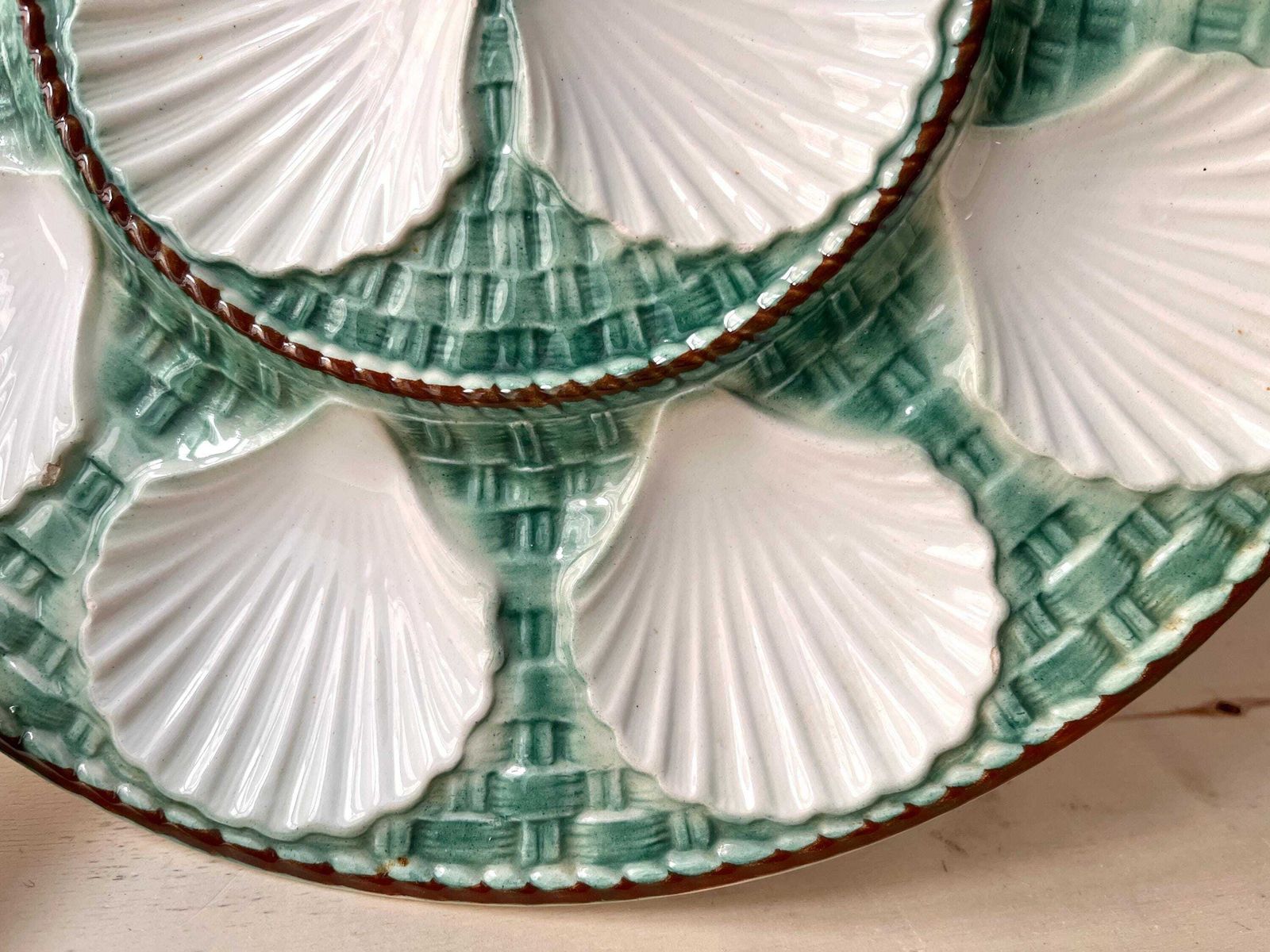 French Oyster Dish By Longchamp France 60s, Vintage Green Majolica, Large Seafood Plate photo Home Decor
