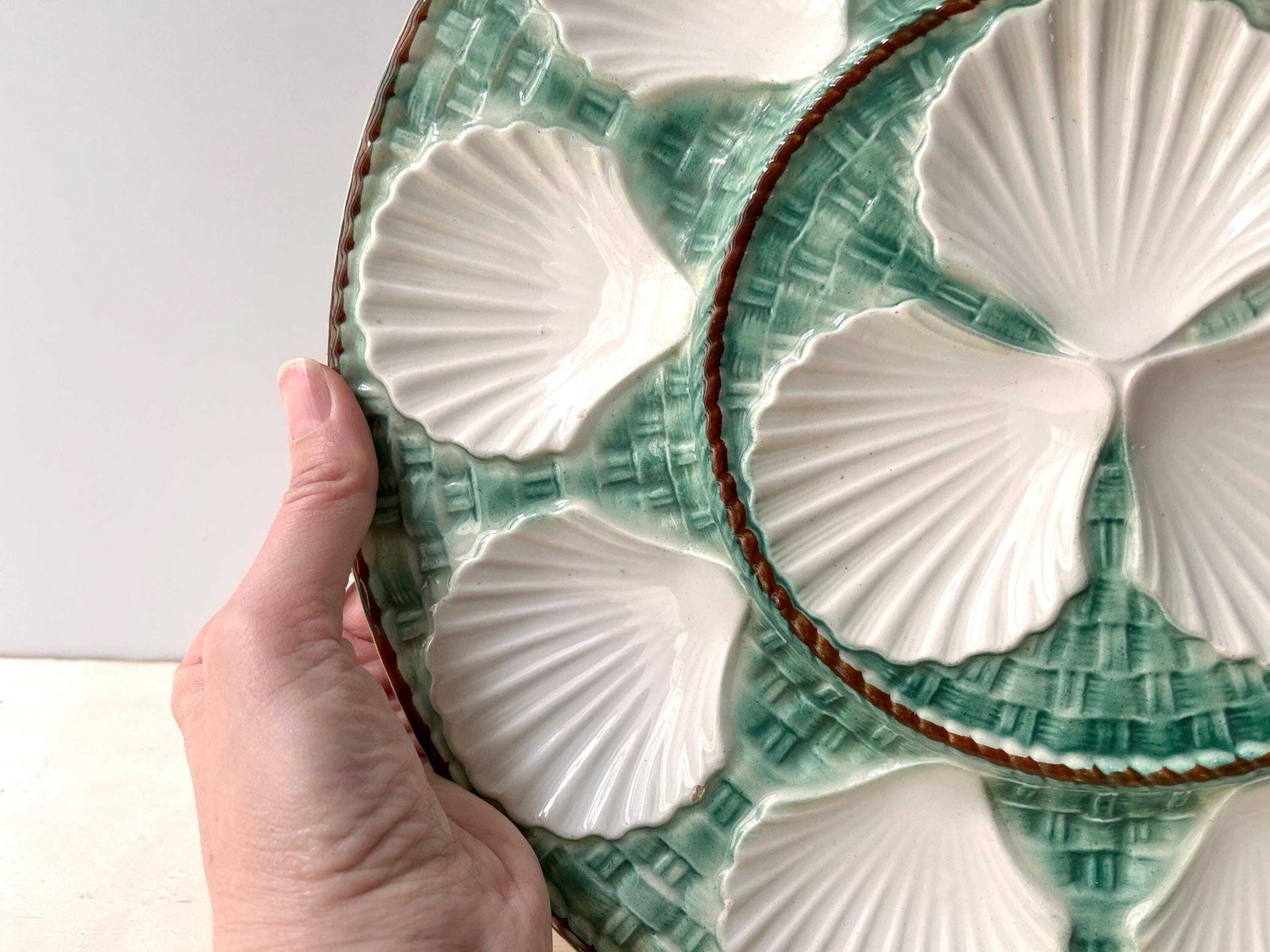 French Oyster Dish By Longchamp France 60s, Vintage Green Majolica, Large Seafood Plate photo 200.0