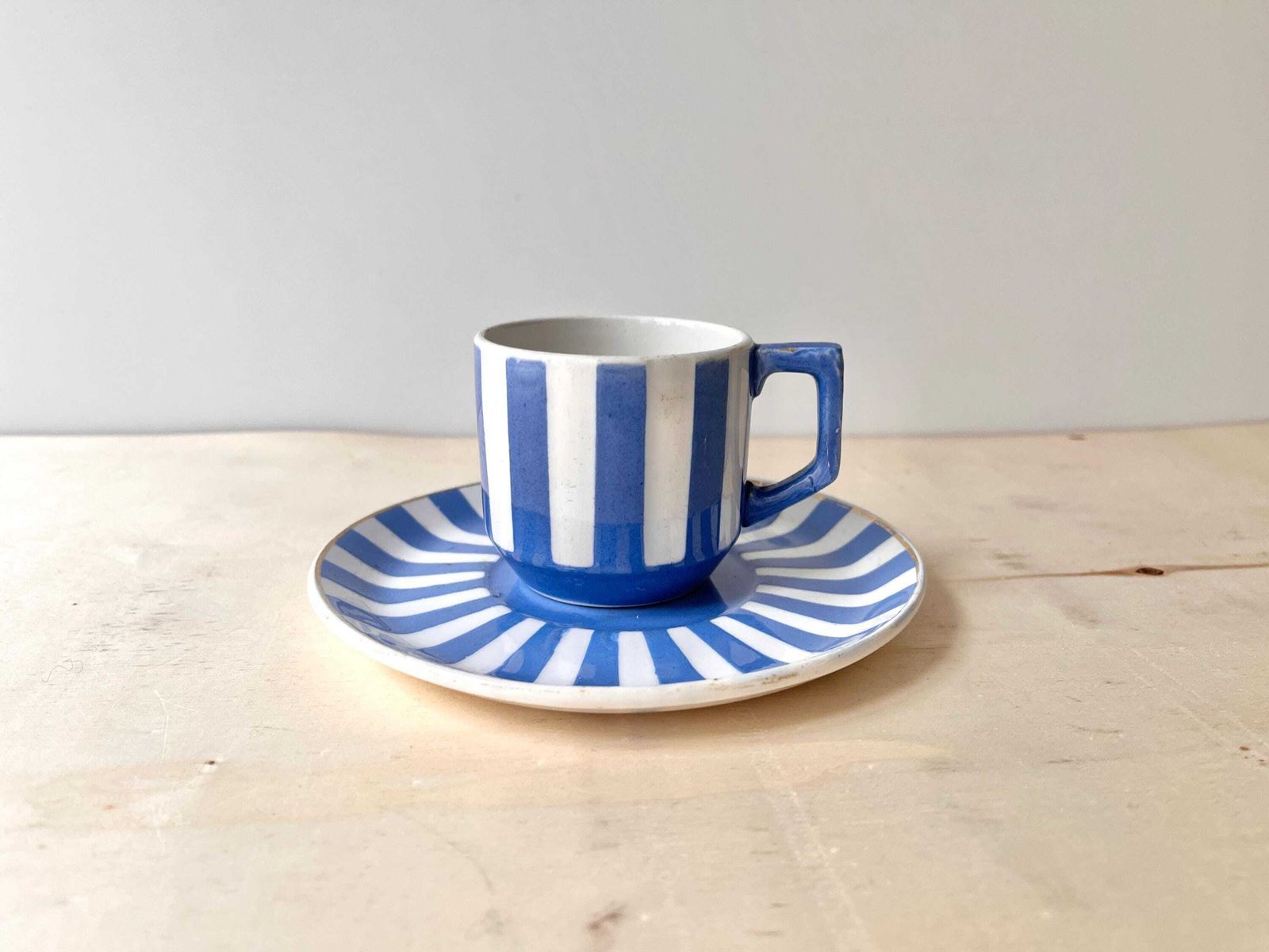 French Art Deco Espresso Teacup + Saucer, Fox Trott Sarreguemines France 1930s, Antique Blue Stripes Earthenware Tableware photo furniture