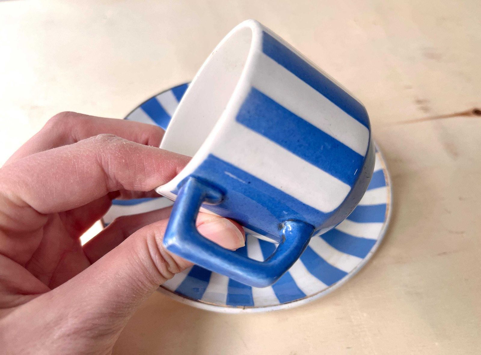 French Art Deco Espresso Teacup + Saucer, Fox Trott Sarreguemines France 1930s, Antique Blue Stripes Earthenware Tableware photo vinterior