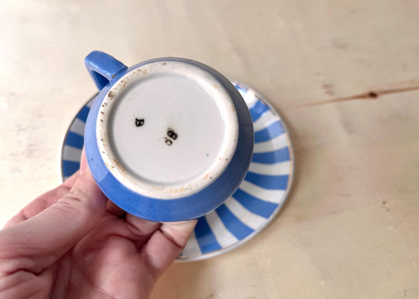 French Art Deco Espresso Teacup + Saucer, Fox Trott Sarreguemines France 1930s, Antique Blue Stripes Earthenware Tableware photo vintage