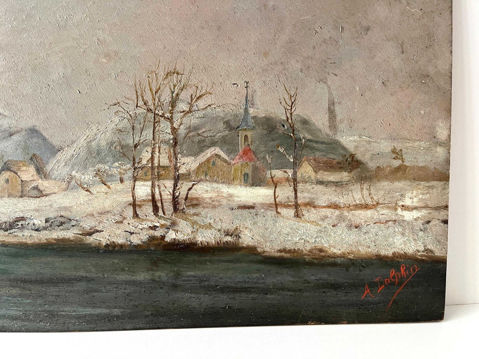 Original 1930's Oil On Panel Of A Village Under The Snow, Ancient Lake And French Winter Landscape photo furniture