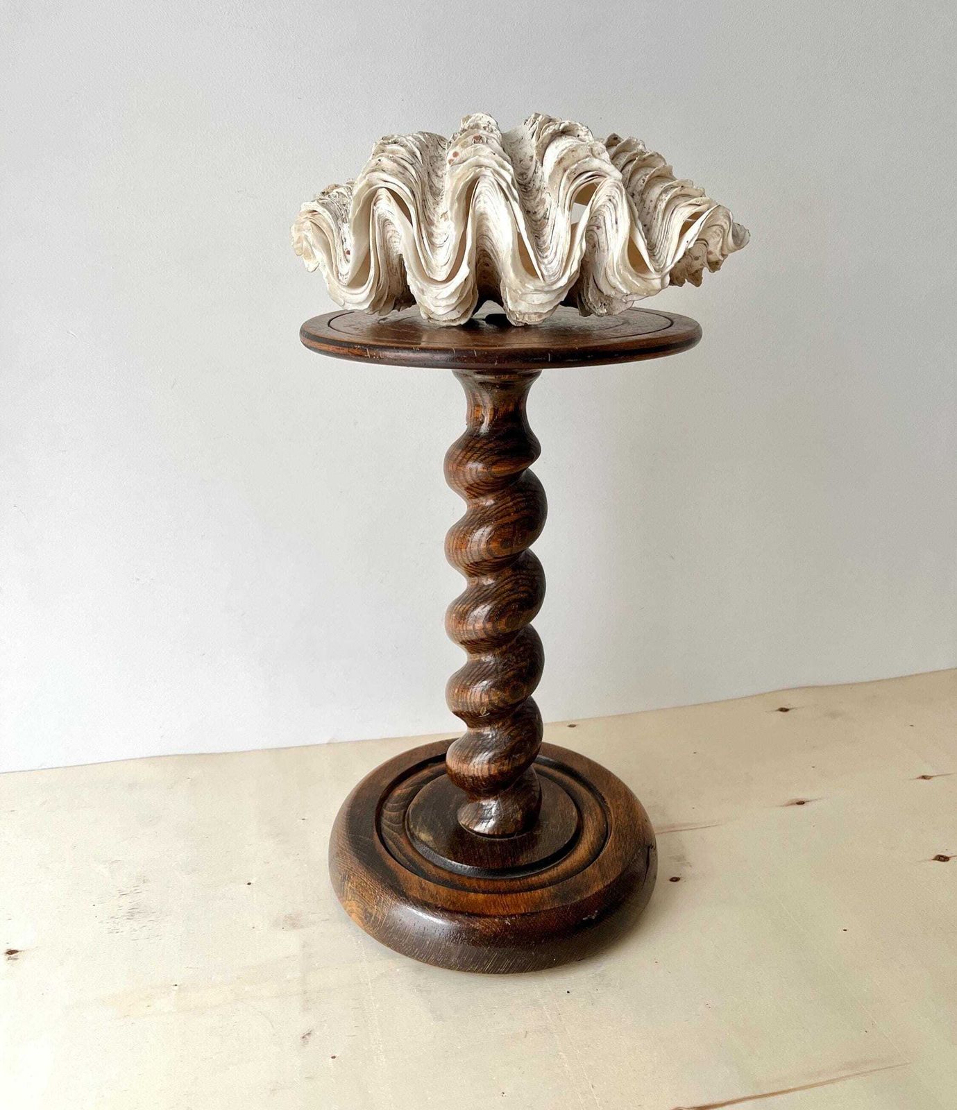 Midcentury French Turned Wood Pedestal Table, Vintage Twist Bedside Table, Wooden Plant Holder photo furniture