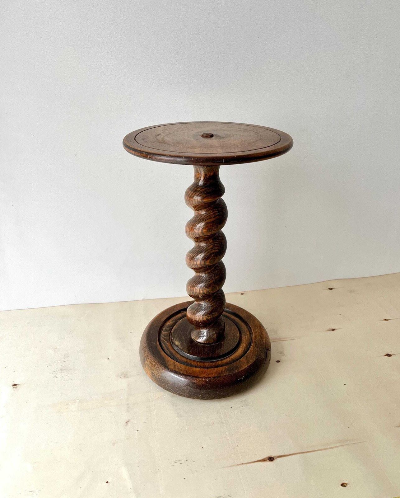 Midcentury French Turned Wood Pedestal Table, Vintage Twist Bedside Table, Wooden Plant Holder photo for sale