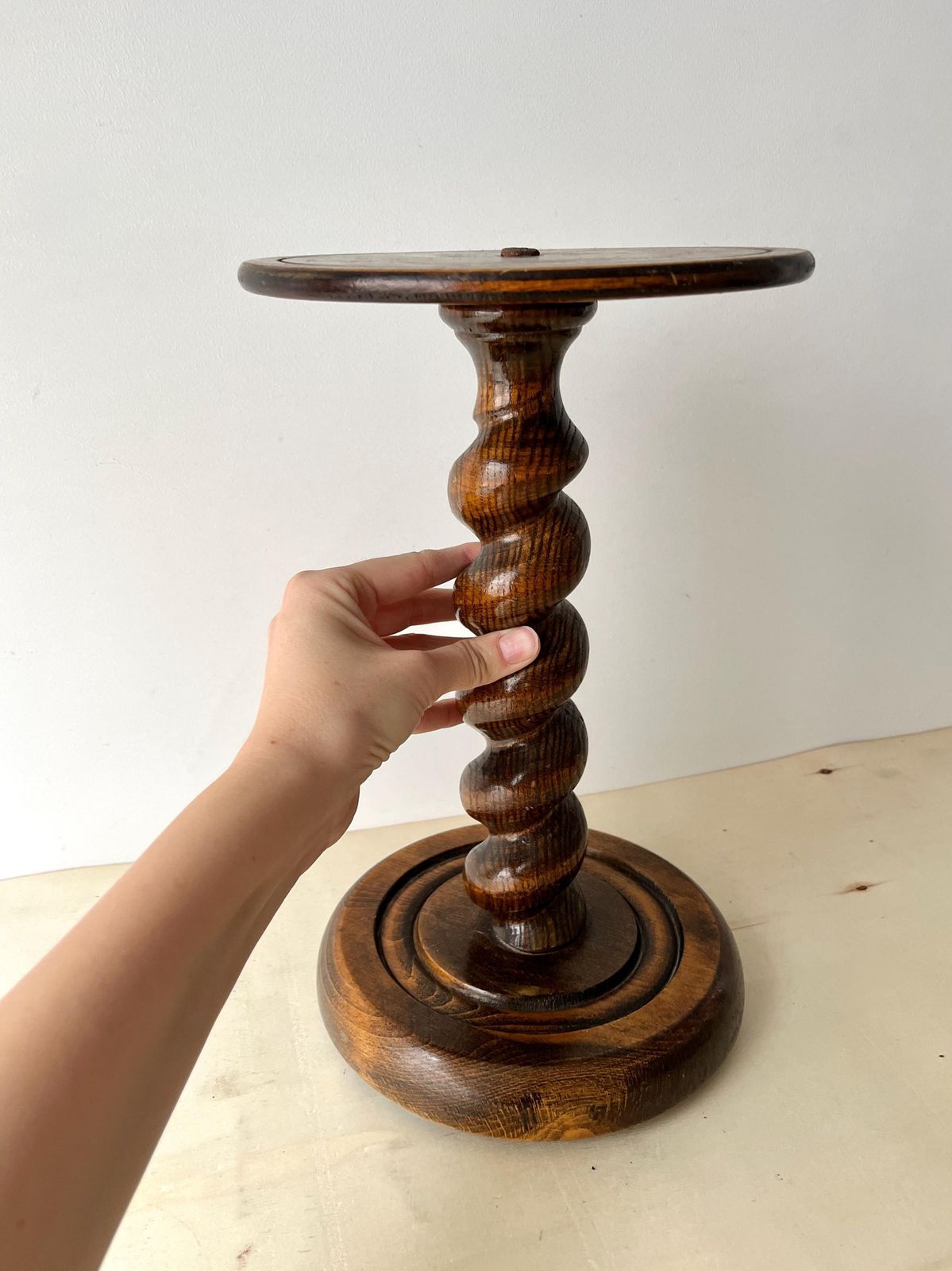 Midcentury French Turned Wood Pedestal Table, Vintage Twist Bedside Table, Wooden Plant Holder photo 189.0