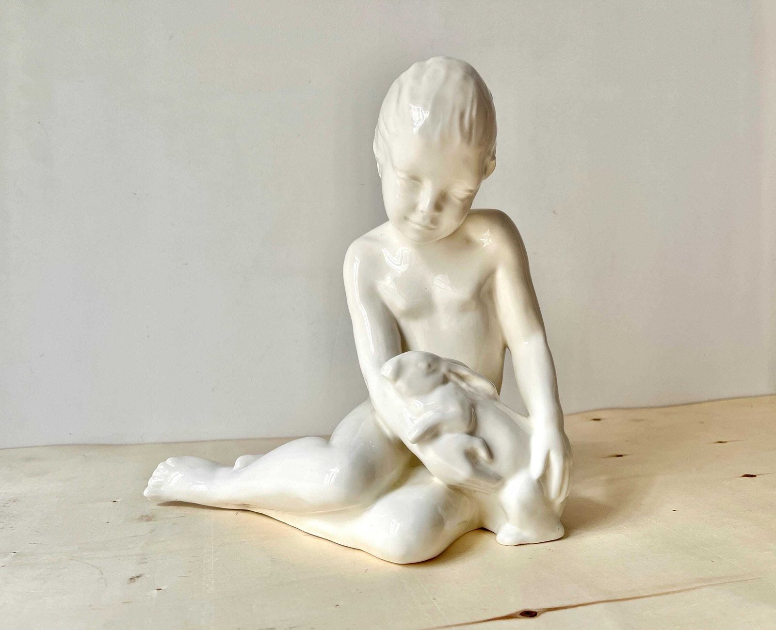 Large Art Deco Sculpture In German Porcelain 'The Child And The Rabbit' By Max Roesler, Original Signed Antique Subject, Fine Bone Statue