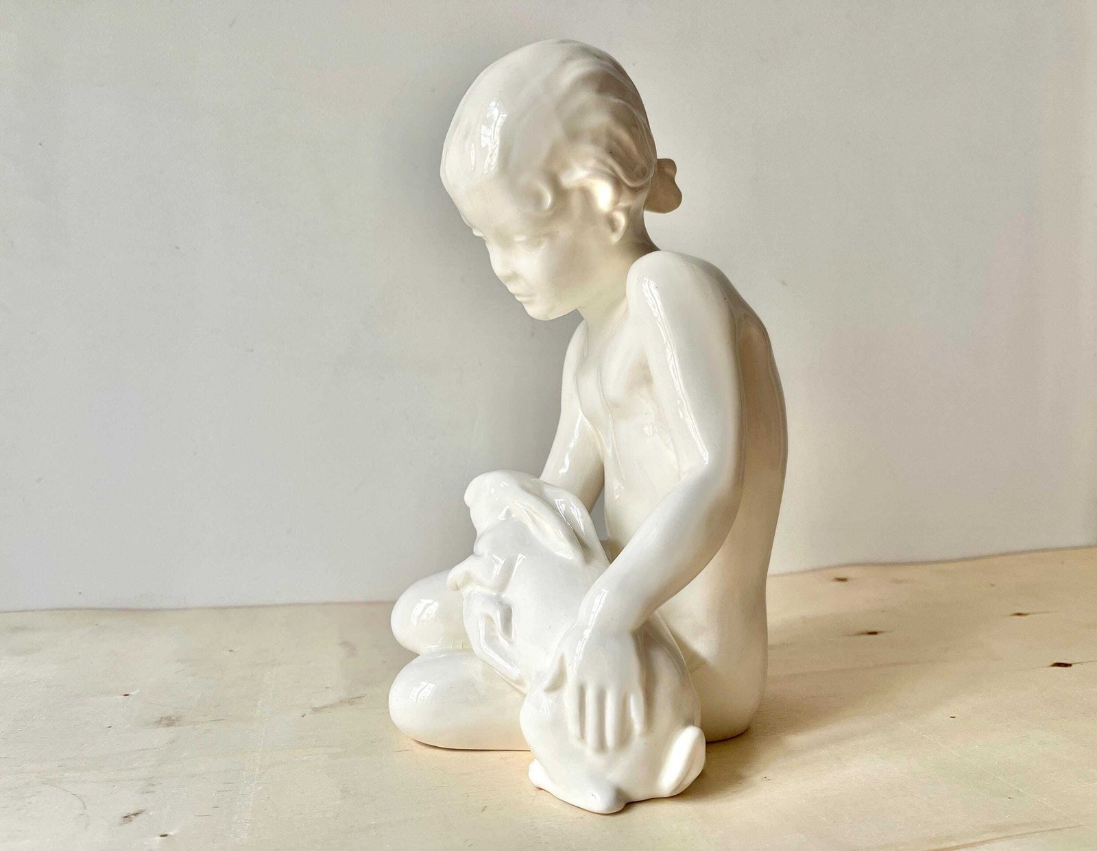 Large Art Deco Sculpture In German Porcelain 'The Child And The Rabbit' By Max Roesler, Original Signed Antique Subject, Fine Bone Statue photo for sale
