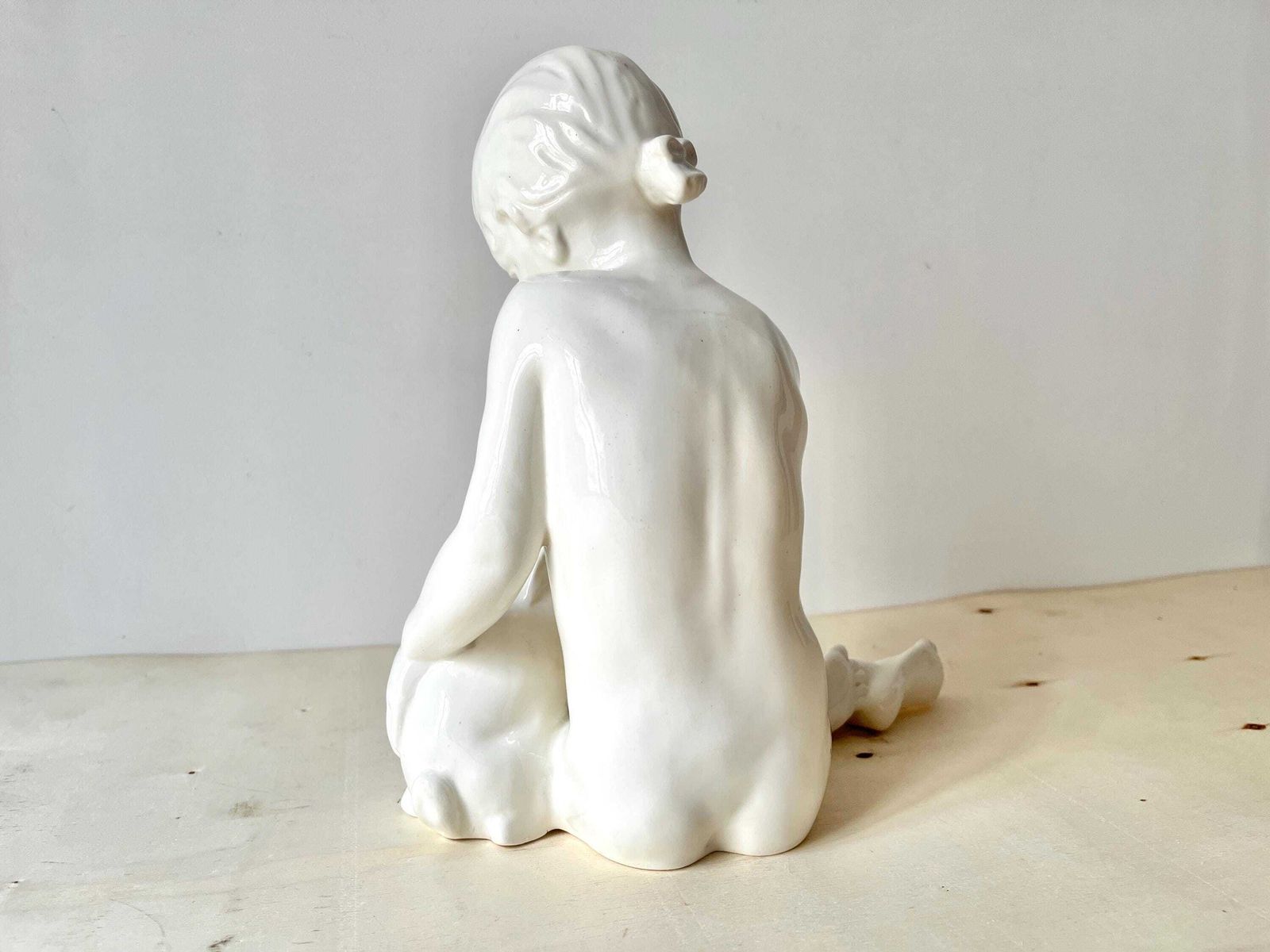 Large Art Deco Sculpture In German Porcelain 'The Child And The Rabbit' By Max Roesler, Original Signed Antique Subject, Fine Bone Statue photo Art