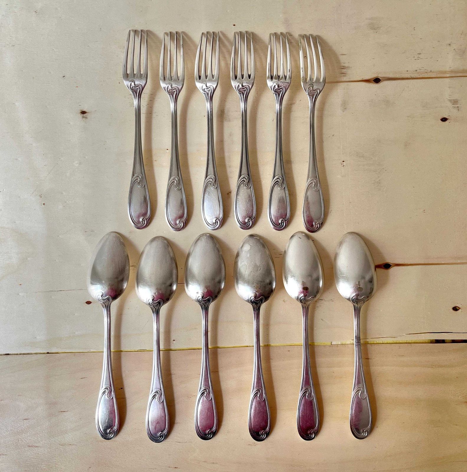 Art Nouveau Cutlery Set Of 12 Pieces In Silver Metal 1900's, Antique French Tableware By "A La Gerbe D'or" photo 117.0