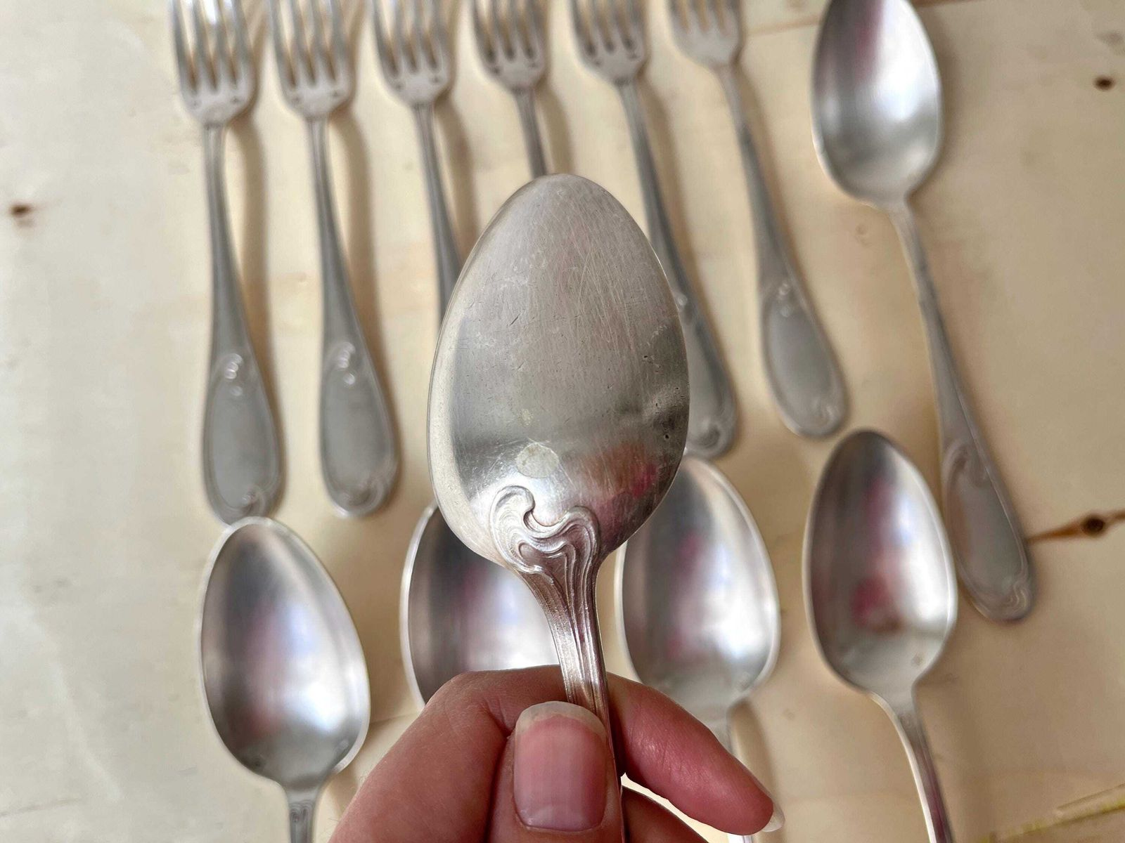 photo for sale Art Nouveau Cutlery Set Of 12 Pieces In Silver Metal 1900's, Antique French Tableware By "A La Gerbe D'or"