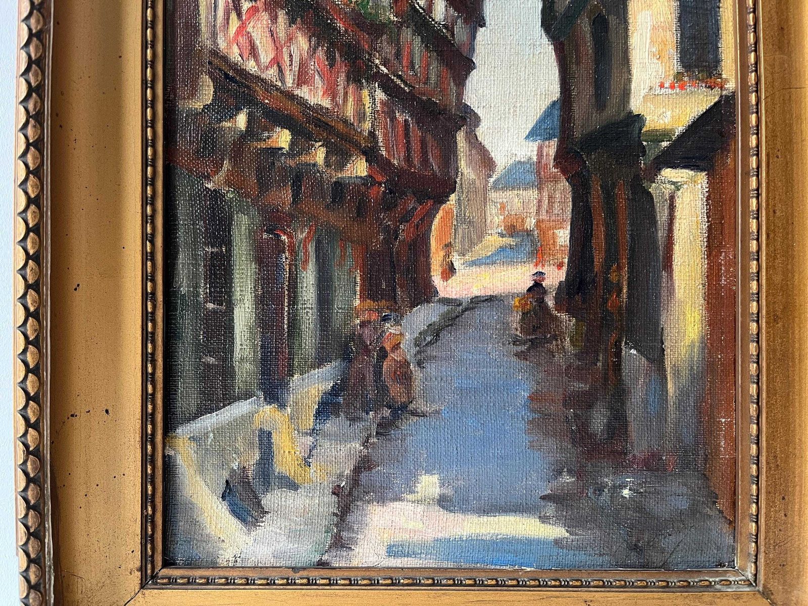 Olieverfschilderij Op Paneel Uit De Jaren 1930, Straatgezicht In De Elzas, Antiek Schilderij Van Een Frans Landschap photo for sale