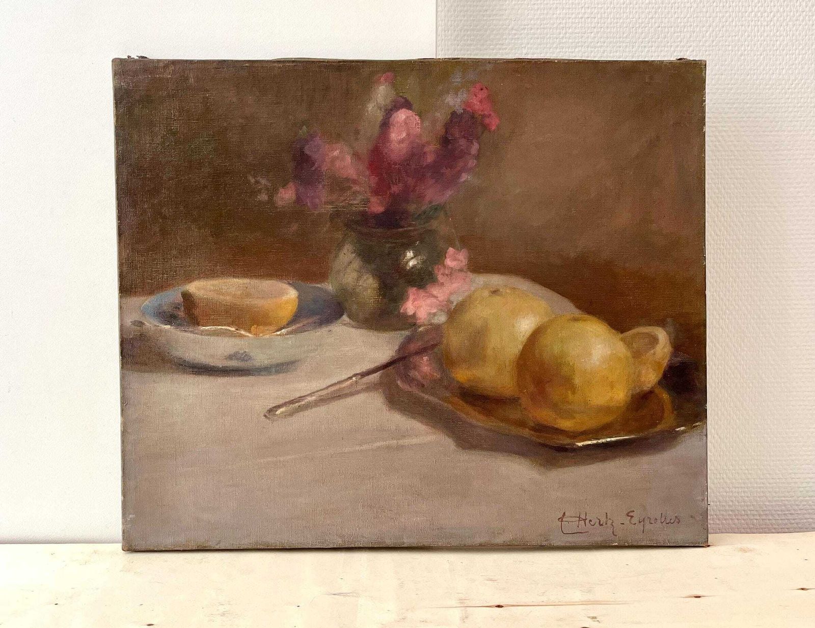 Original 1920's Oil On Canvas "The Grapefruit And The Gladioli", Antique French Signed Painting, Fruits And Floral Still Life