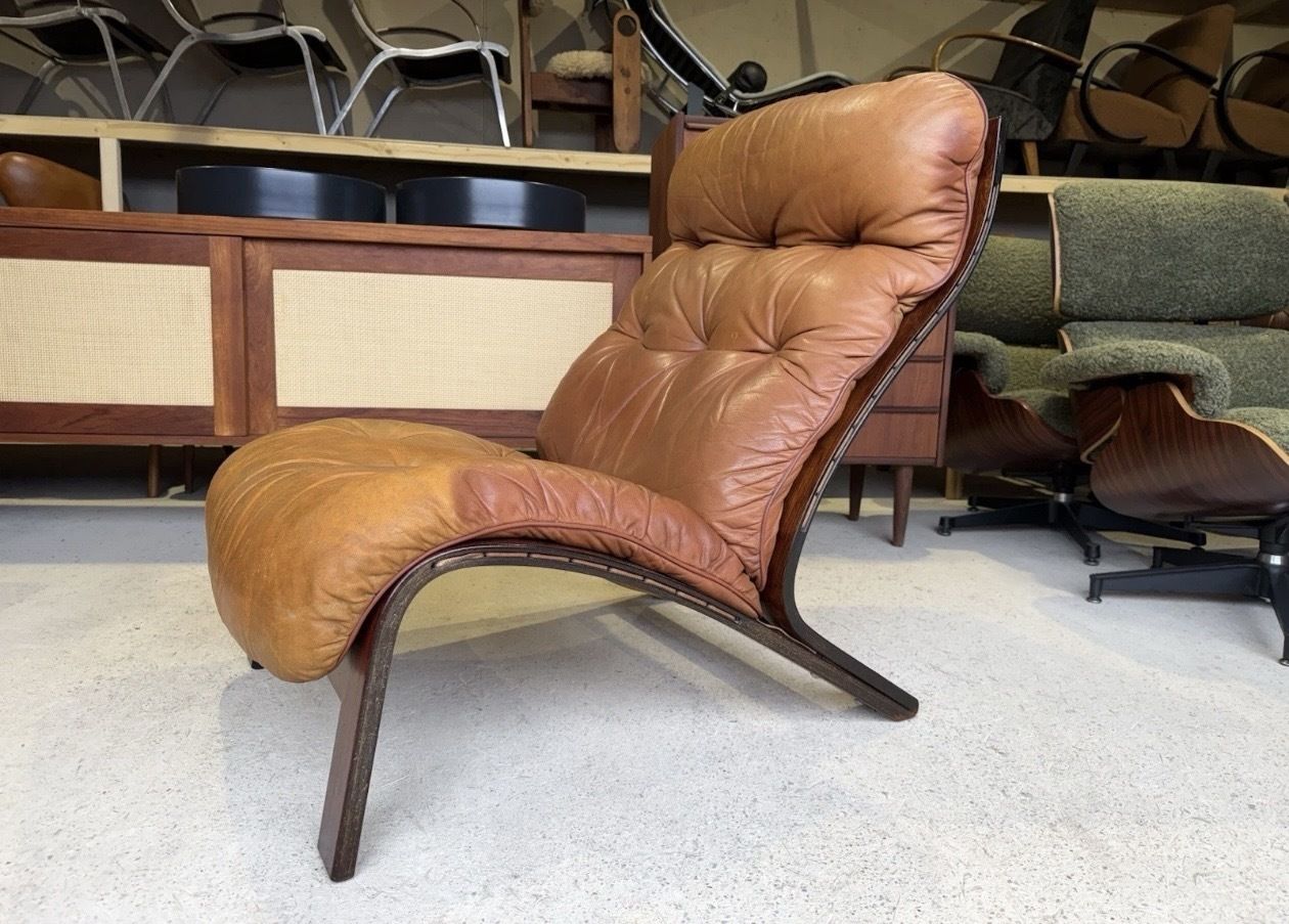 Mid Century Norwegian Tan Leather Lounge Chair By Oddvin Rykken photo furniture