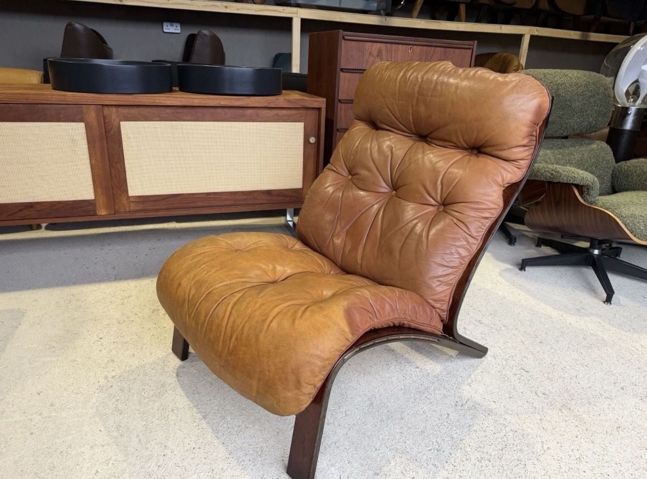 Mid Century Norwegian Tan Leather Lounge Chair By Oddvin Rykken photo Furniture