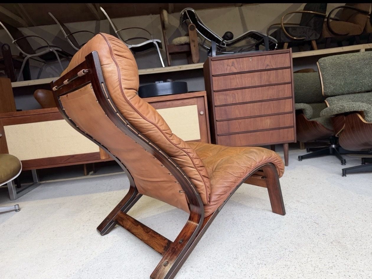 Furniture Mid Century Norwegian Tan Leather Lounge Chair By Oddvin Rykken photo