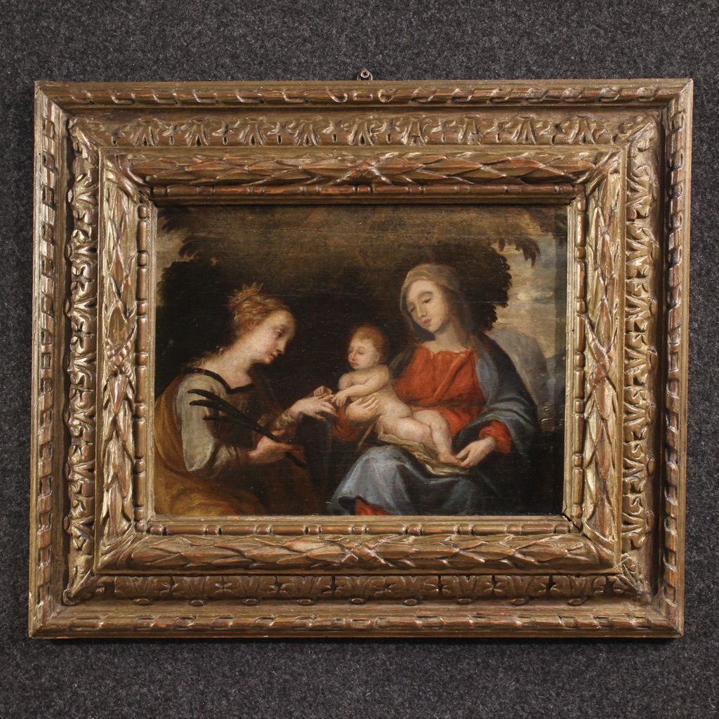 Antique 17th Century Painting On Panel, Mystical Marriage Of Saint Catherine Of Alexandria
